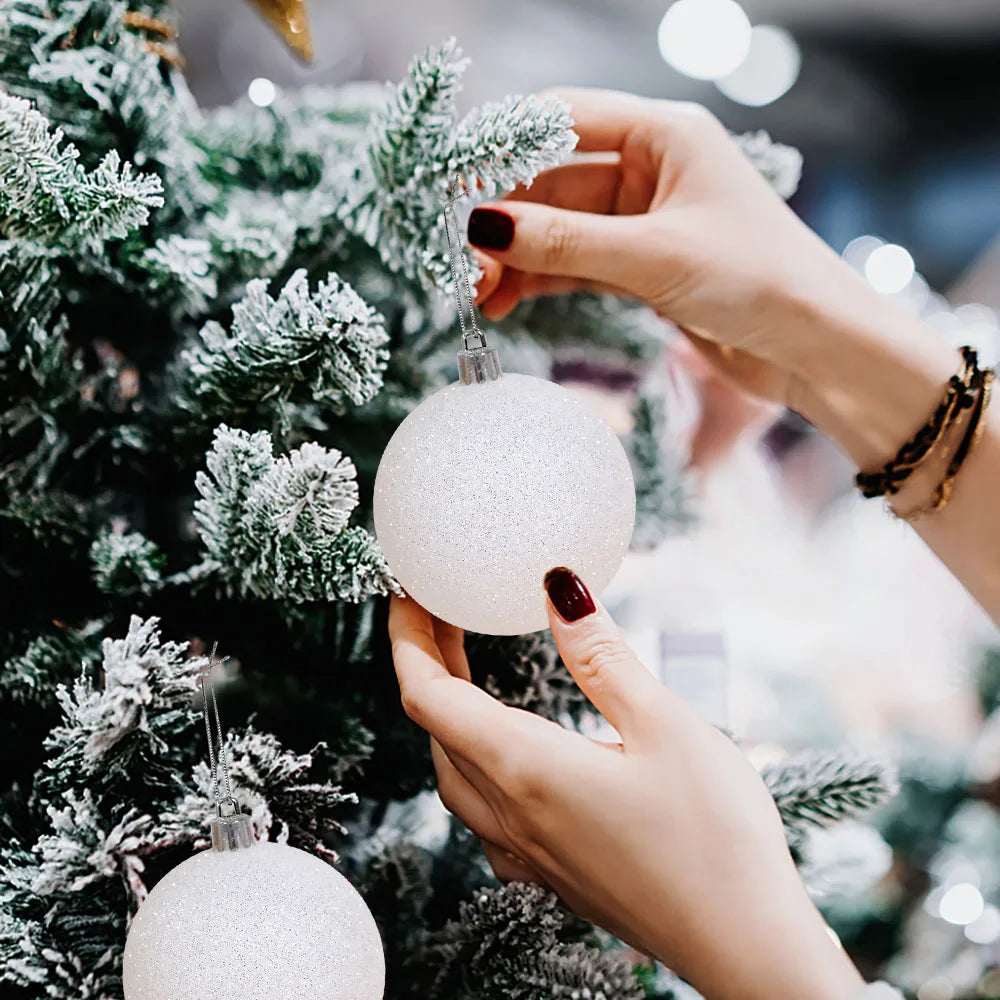 Boules de noël blanches suspendues pour arbre de noël, 12/6 pièces, boules de noël à paillettes, pendentifs