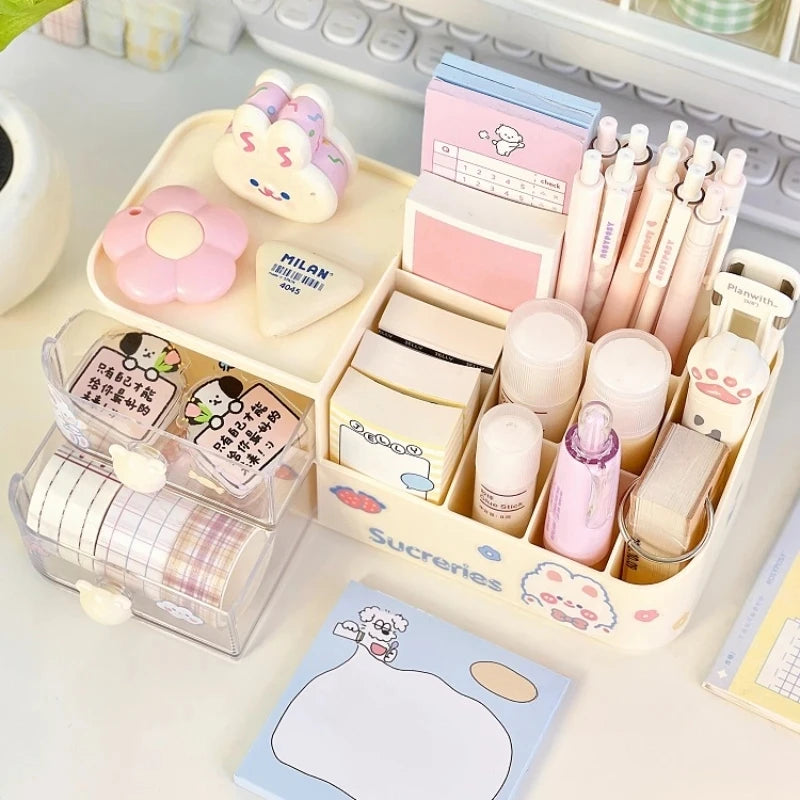 Ins Kawaii – boîte de rangement de bureau, organisateur de tiroir à poignée d'ours mignon, porte-stylos de papeterie, boîte de rangement de ruban adhésif, support organisateur
