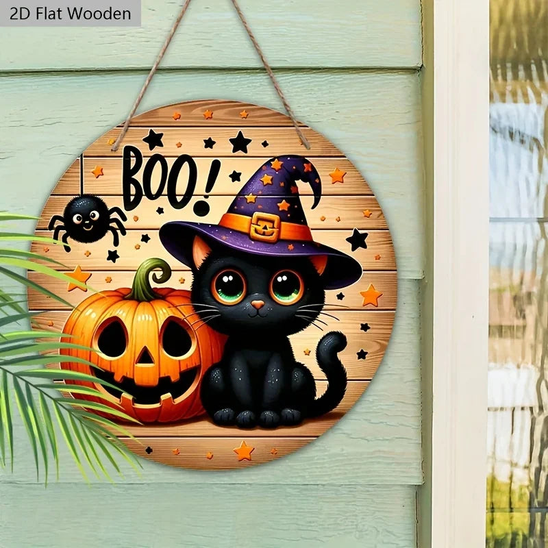Panneau d'Halloween en bois, pendentif en bois BOO avec motif chat noir et citrouille