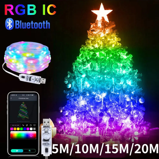 5M/10M/15M/20M RGBIC USB Sting lumière Bluetooth APP bricolage LED guirlandes lumineuses décoration pour noël mariage fête d'anniversaire