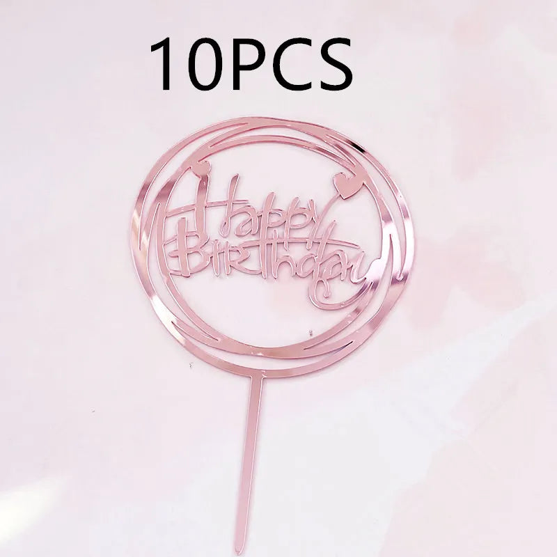 Décoration de gâteau joyeux anniversaire en or Rose, 10 pièces, argent noir, Design Simple, décoration de gâteau en acrylique, décoration de Dessert pour fête prénatale