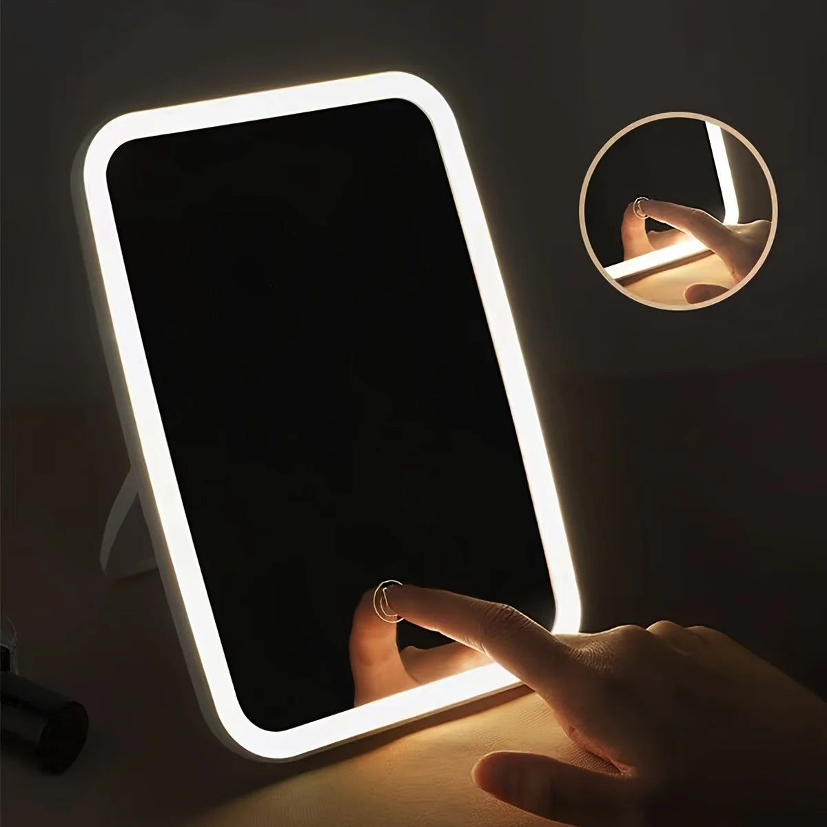 Miroir de maquillage LED avec capteur tactile, éclairage 3 couleurs, luminosité réglable, miroir cosmétique de table pliant avec chargement USB