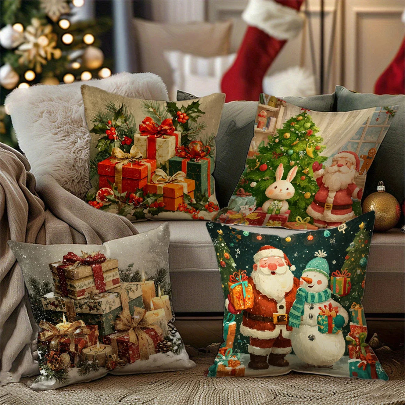 Housse de coussin décorative aux motifs festifs de Père Noël et bonhomme de neige