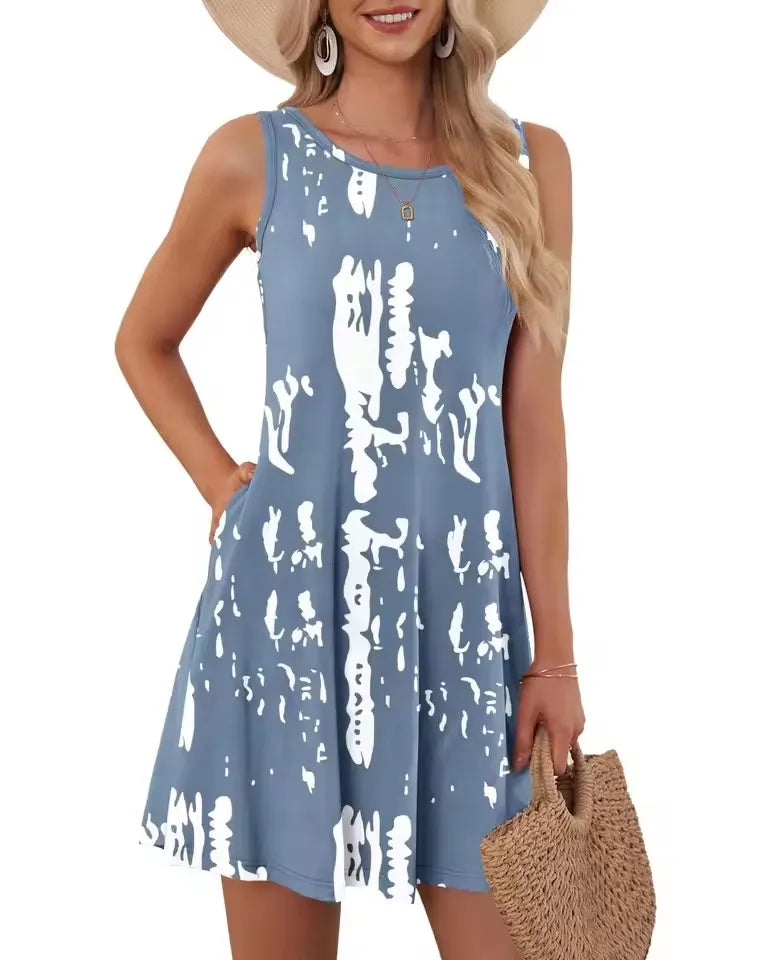 Mini robe trapèze rétro à col rond pour femmes, robes d'été pour femmes, poche en fibre, imprimé floral, glacé, précieux, décontracté