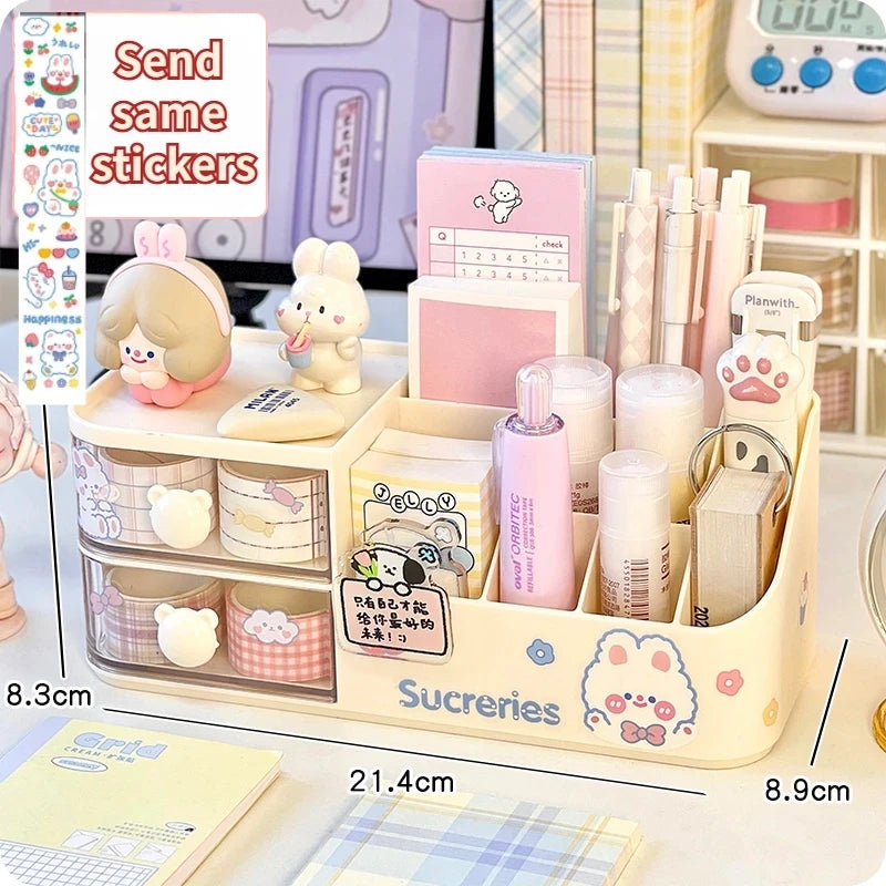 Ins Kawaii – boîte de rangement de bureau, organisateur de tiroir à poignée d'ours mignon, porte-stylos de papeterie, boîte de rangement de ruban adhésif, support organisateur