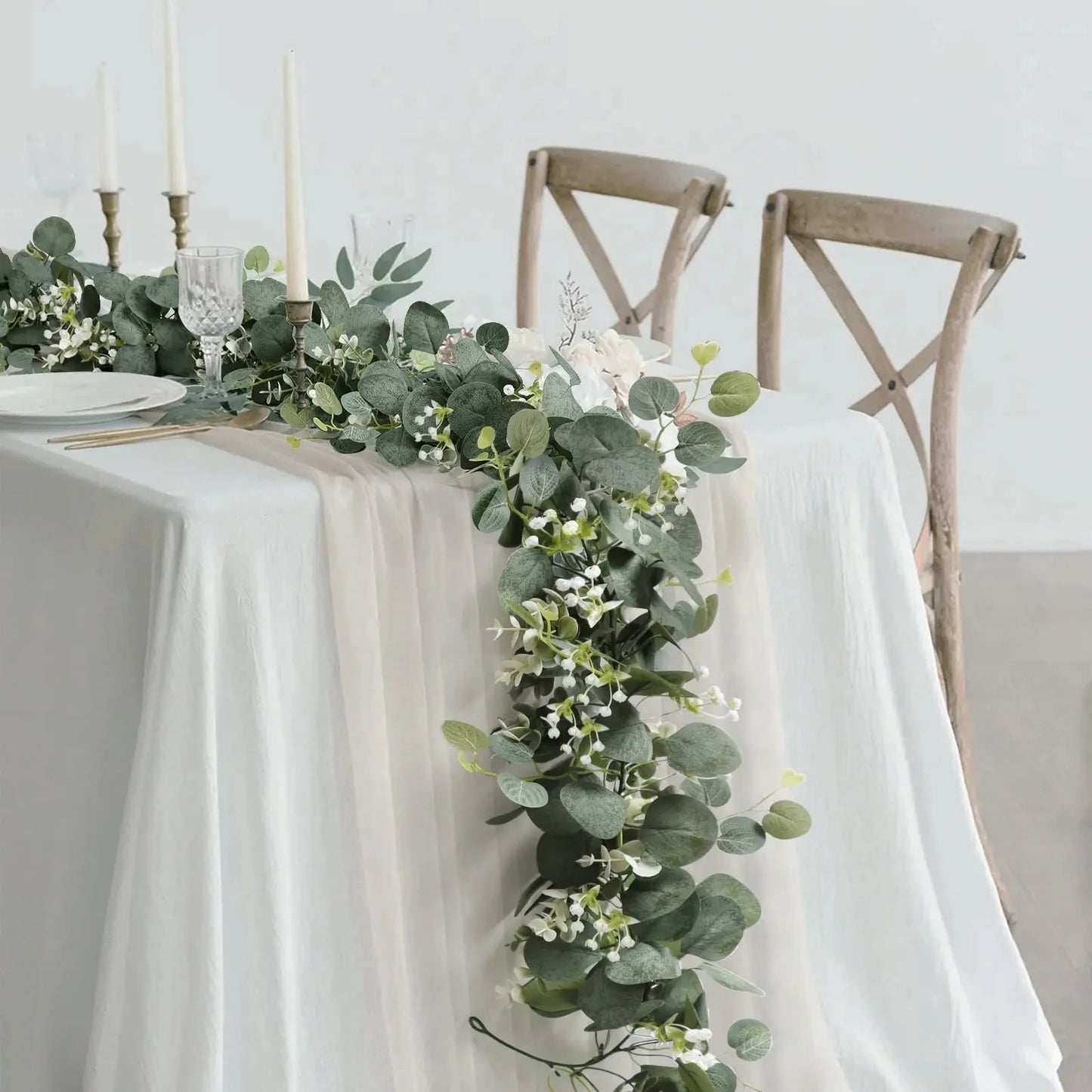 Guirlande de feuilles d'eucalyptus artificielles, 1 pièce, fausse plante verte, vignes de printemps avec fleurs blanches, baies pour décoration de fête de mariage à domicile