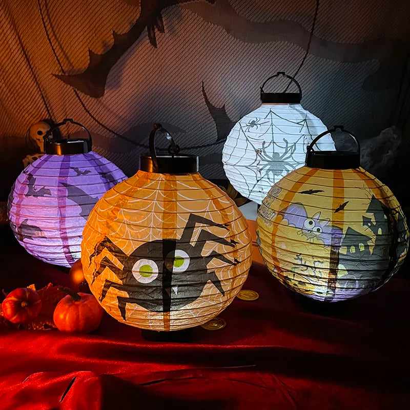 Lanterne LED en papier citrouille pour Halloween, lanterne suspendue avec impression de crâne d'araignée et de chauve-souris, décoration extérieure pour Festival, fête, maison, jardin