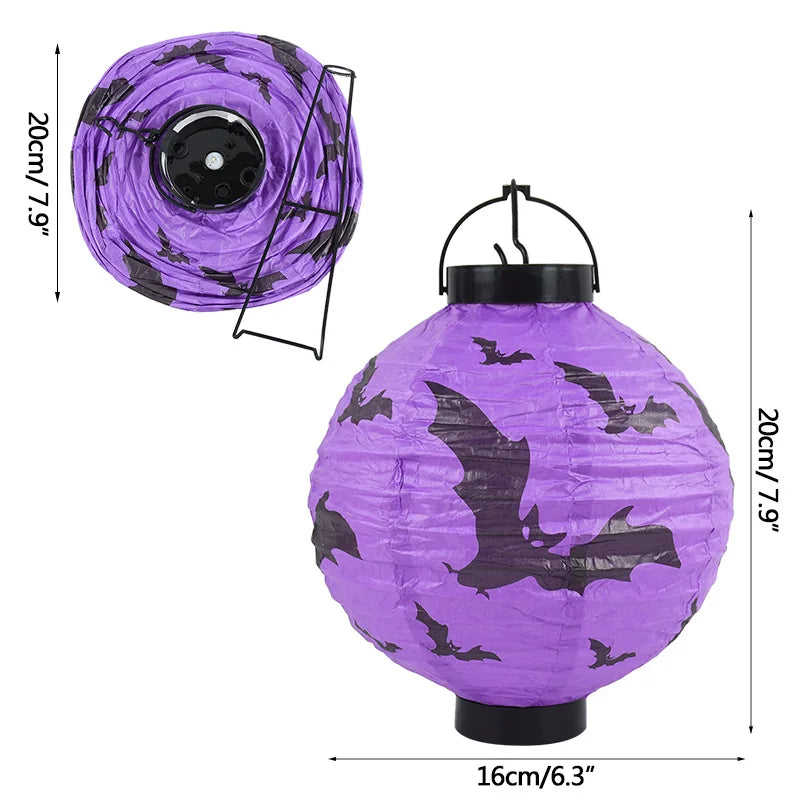 Lanterne LED en papier citrouille pour Halloween, lanterne suspendue avec impression de crâne d'araignée et de chauve-souris, décoration extérieure pour Festival, fête, maison, jardin