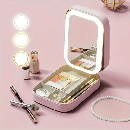 Boîte de rangement de maquillage miroir LED, étui de maquillage de voyage Portable, sac à cosmétiques, boîte de rangement de maquillage de grande capacité, accessoires de maquillage