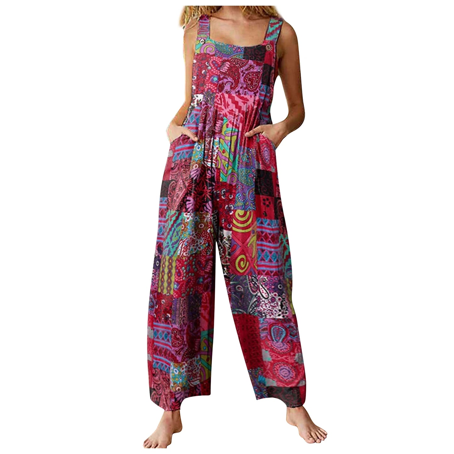 Combinaisons d'été pour femmes, salopette multicolore style ethnique, col carré, barboteuse décontractée avec poches pour filles